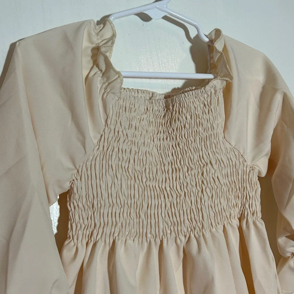 Girls Cream Smocked Puff Sleeve Ruffle Tiered Dress Size 100 Cream Beige‎ Boho